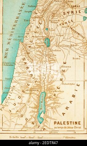 Historische Landkarte von Palästina zu Zeiten Jesu Christi, Histoire Biblique de L´Ancien Testament, Stockfoto