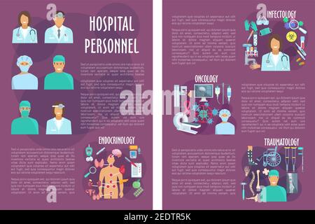 Vektorplakate für medizinisches Personal oder Krankenhausärzte. Endokrinologie, Infektologie oder Onkologie und Traumatologie Abteilungen und Gesundheitswesen Medikamente von Stock Vektor