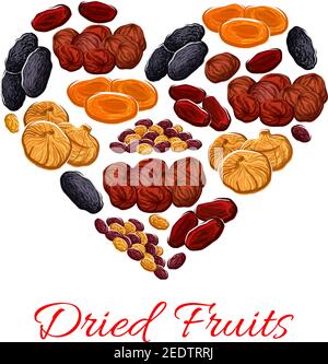 Getrocknete Früchte Herz Poster von Vektor Rosinen, Pflaumen und getrockneten Aprikosen, Datteln, Feigen und Kirsche. Gesunde Lebensmittel für Dessert-Snacks und Süßwaren desi Stock Vektor