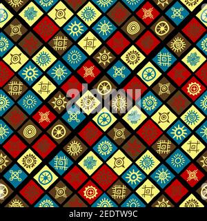 Abstrakter nahtloser Hintergrund mit Sonnensymbolen in Quadraten Stock Vektor