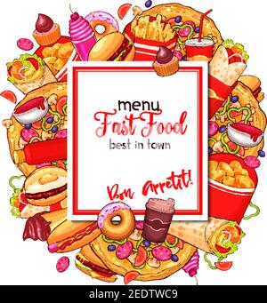 Fast-Food-Menü Abdeckung für Fastfood-Restaurant. Vector Burger, Snacks und Desserts von Hot Dog, Pizza. Pommes Frites und Chicken Nuggets Flügel Korb, ch Stock Vektor