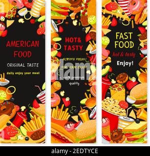 Fast Food Restaurant Banner mit Burgern und Hamburgern, Hot Dog Sandwich und Pizza mit pommes frites. Donut oder Muffin Dessert und Eis. Vektor-fa Stock Vektor