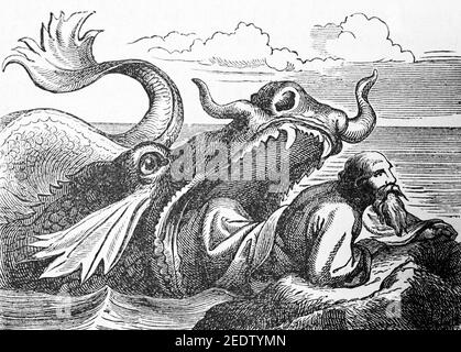 Der Prophet Jonah predigt Buße in Ninive, Jonas reiste in den Magen eines Fisches, Old Testamnet, Histoire Biblique de L´Ancien Testament, 1891 Stockfoto