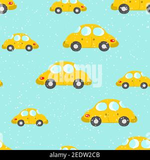 Nahtloses Muster mit niedlichen Autos auf blauem Hintergrund. Cartoot-Transport. Vektorgrafik. Doodle-Stil. Design für Baby Print, Einladung, Poster Stock Vektor