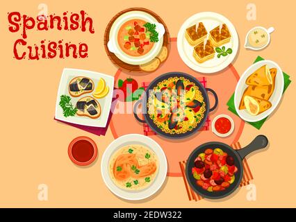 Spanische Küche gesunde Abendessen Gerichte Ikone mit Meeresfrüchten Paella, Fisch Tapas Escabeche, Oliveneintopf mit Wurst, Tomaten Gemüsesuppe Gazpacho, Kartoffel Stock Vektor