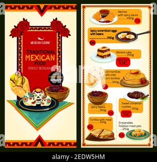 Mexikanische Küche im Restaurant. Traditionelle Gerichte von Vektor-Nachos-Chips mit Salsa und Chili-Pfeffer-Sauce, Mais-Tortillas und Empanadas mit sp Stock Vektor