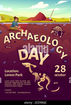 Archäologie Tag Poster mit Frau Entdecker auf Ausgrabungsstätte und begraben Dinosaurier unter der Erde. Vektor-Flyer mit Cartoon-Illustration der Archäologie graben, Forscher mit Pinsel und fossile Skelette Stock Vektor