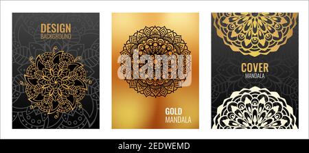 Set Poster Golden Mandala auf schwarzem Hintergrund. Edler eleganter Einband. Dekorativ verziertes rundes Mandala. Ein Symbol für Leben und Gesundheit. Vektorgrafik Stock Vektor