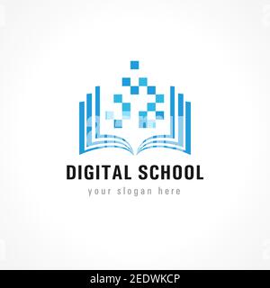 Digitale Schule. On-line educational blau Vektor-Logo. Buch mit Seiten und Pixeln öffnen. Virtuelle i.q. Kurse Identität. E-Book, E-Library oder E-Reader so Stock Vektor