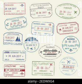 Visa Passstempel Symbol gesetzt. Internationales Visum Stempel von Italien, Deutschland, USA, Brasilien und Kolumbien. Tourismus, Visaantrag, Ankunftsdokument Stock Vektor