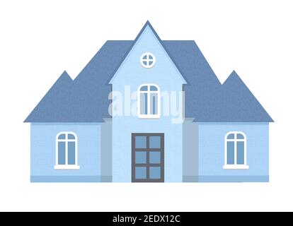 Blaue Licht Cottage Fassade, Stadt oder Land Street Gebäude mit weißen Fenstern. Moderne Wohnanlage Privates Grundstück, Maisonette-Wohnungen. Stock Vektor