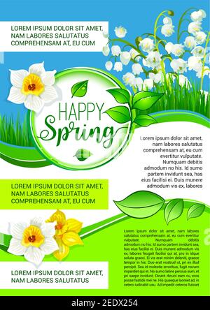 Happy Spring Vektor-Poster für Frühlingsferien Grüße. Blühende Blumen Maiglöckchen und gelbe Narzissen oder Narzissen auf grüner Graswiese o Stock Vektor