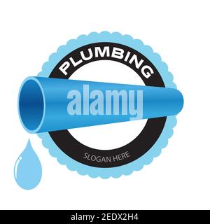Logo der Firma für Sanitär. Wasserpfeife mit einem Wassertropfen-Symbol auf weißem Hintergrund. Vektor Illustration Abzeichen Design. Stock Vektor