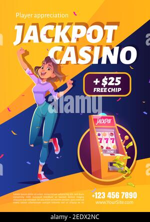 Spielautomaten Jackpot Casino gewinnen Werbeplakat. Lucky Woman feiern Gewinn Springen auf Geld fallen mit allen sieben Spin-Kombination auf einarmigen Bandit, glücklicher Gewinner. Cartoon Vektorgrafik Stock Vektor