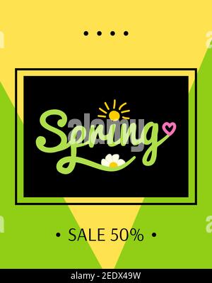 Frühling Verkauf Hintergrund mit Text auf schwarz und Rahmen. Heller sonniger gelb-grüner Hintergrund. Vektorgrafik Vorlage. Für vertikale Banner, Flyer, Stock Vektor