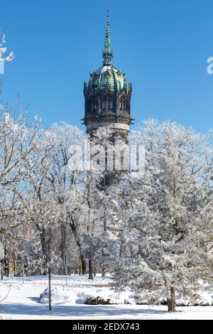 Historische Schlosskirche Wittenberg im Winter Stockfoto