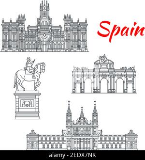 Spanische Architektur und berühmte spanische Wahrzeichen Gebäude. Vector isolierte Ikonen und Fassaden von Cybele Palace, Almudena Kathedrale, Alcala Tor und Phil Stock Vektor