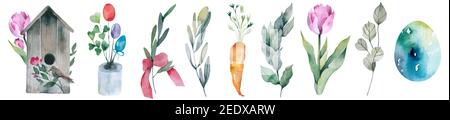 Sammlung von Aquarell handgezeichneten Ostern Illustrationen. Isoliert auf weiß. Stockfoto