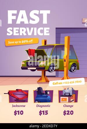 Fast Car Service Poster. Flyer der Auto-Wartung, Diagnose und Reparatur-Center mit Preisen und Kontakten. Vector Cartoon Innenraum von Mechaniker Garage, Kfz-Werkstatt mit Fahrzeug auf Lift Stock Vektor