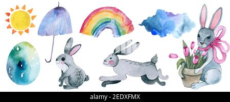 Sammlung von Aquarell handgezeichneten Ostern Illustrationen. Isoliert auf weiß. Stockfoto