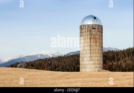 Ein altes Betonturmsilo auf einer Farm, in der Nähe von Iron Creek, außerhalb von Troy, Montana. Schneebedeckte Gipfel der Cabinet Mountain Range in der Ferne. Stockfoto