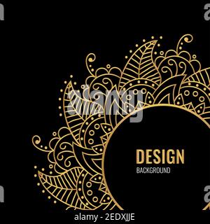 Design Cover mit goldenem Vektor Mandala auf schwarzem Hintergrund. Ein Symbol für Leben und Gesundheit. Einladung, Banner, magisches Symbol. Stock Vektor