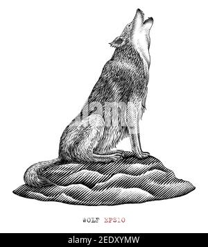 Wolf Hand zeichnen Vintage Gravur Stil schwarz und weiß Clip Bild auf weißem Hintergrund isoliert Stock Vektor