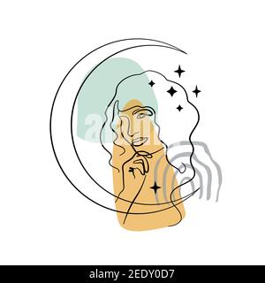 Einzeilige Zeichnung des Frauenportraits mit Mond und Sternen Auf abstraktem, geometrisch neutralem Hintergrund Stock Vektor