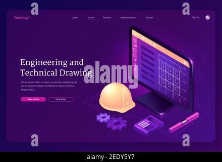 Engineering und technische Zeichnung isometrische Landing Page. CAD-Modellierung Bau-Projekt auf Computer-Desktop mit Ingenieur Helm. Software-Programm für pc, Blaupause, 3D Vektor-Webbanner Stock Vektor