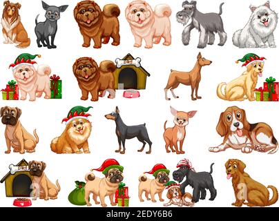 Verschiedene lustige Hunde im Cartoon-Stil isoliert auf weißem Hintergrund Abbildung Stock Vektor