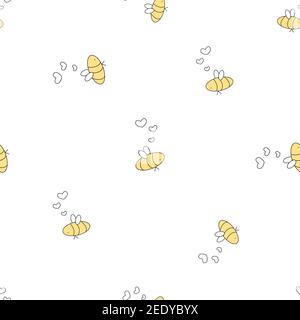 Isolierte Bienen sind verliebt, Herzen sind in ihrer Nähe Kopf sind in keiner bestimmten Reihenfolge angeordnet. Nahtlose Wiederholung Muster auf weißem Hintergrund, Gelb schwarz weiß Farben Stock Vektor
