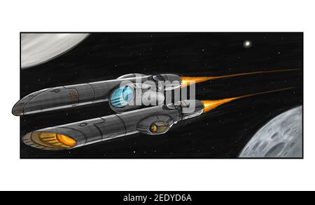 Sci-Fi Raumschiff oder Raumschiff-Design, Concept Art Illustration. Raumschiff oder Raumschiff fliegen in der Nähe des Planeten. Stockfoto