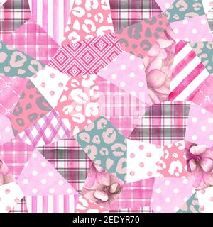 Trendige Nachahmung genähte Stoffstücke im Patchwork-Stil. Aquarell von Hand gezeichnet nahtloses Muster. Collage Textur mit geometrischen, floralen, Leoparden PR Stockfoto