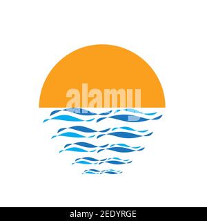 Sun Logo mit blauen Wellen. Kreative Ikone des Sonnenuntergangs. Vektorgrafik Design. Stock Vektor
