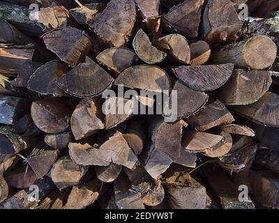 Nahaufnahme von Holzstapel mit geschnittenen verwitterten Holzstämmen mit Holzstruktur und sichtbaren Altersringen in einem Wald auf der Schwäbischen Alb, Deutschland. Fokus auf Zentrum. Stockfoto