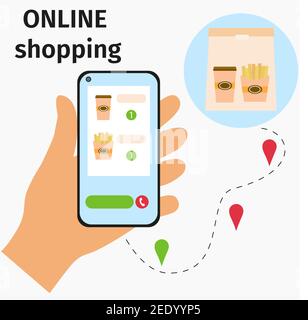 Online-Shopping. Vektor-Shopping per Telefon. Bestellen Sie Lebensmittel über die App. Kontaktloses Kaufverfahren. Hand mit dem Telefon. Stock Vektor