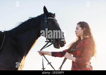 Junge attraktive Mädchen hält ein Lorbeer auf einem Geschirr. Reiten. Vorbereitung. Stockfoto