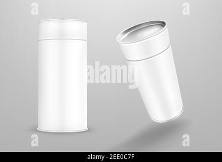 Weißes Papierrohr, Karton-Zylinder-Box isoliert auf grauem Hintergrund. Vector realistische Mockup von Karton runden Behälter, leere Paket Tubus für Lebensmittel mit geschlossener Kappe in Front-und Perspektivansicht Stock Vektor