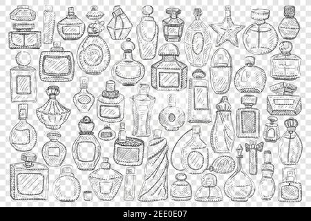 Flaschen mit Parfüm Doodle Set. Sammlung von handgezeichneten eleganten Gläsern und Flaschen mit Parfüm oder Kosmetik für Schönheit in verschiedenen Formen und Größen isoliert auf transparentem Hintergrund Stock Vektor