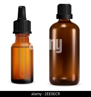 Braune Glasflasche. Medizinischer Tropfflack mit schwarzer Kappe. Fläschchen mit ätherischem Öl, kosmetisches Serum-Modell. Amber Vorlage der pharmazeutischen Tinktur pa Stock Vektor