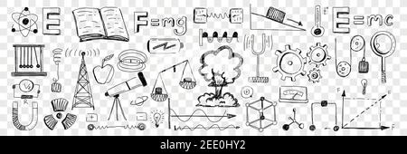 Wissenschaft Ausrüstung und Attribute Doodle Set. Sammlung von handgezeichneten Formeln Teleskop Skalen Architektur Blaupausen Moleküle Zahnräder Ausrüstung für Labor und wissenschaftliche Forschung Stock Vektor
