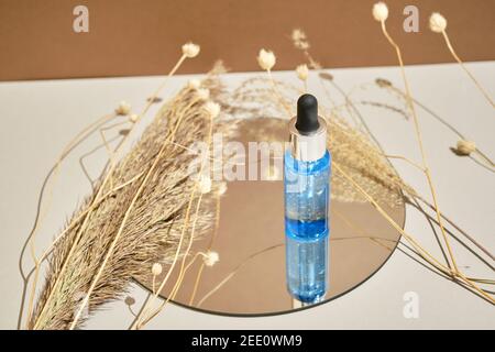 Flasche Serum steht auf runden Spiegel mit Zweigen von getrockneten Blumen. Wabisabi-Stil, Erdton. Hautpflege kosmetische Zusammensetzung mockup Stockfoto