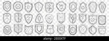 Wappen und Symbole Doodle Set. Sammlung von handgezeichneten heraldischen Symbolen auf Wappen verschiedener Formen mit Mustern und Familienblumen auf Schilden isoliert auf transparentem Hintergrund Stock Vektor