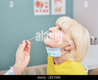 Ältere Frau während PCR-Test auf COVID-19 in einem medizinischen Labor. Arzt nimmt einen älteren weiblichen Nasenabstrich zur Coronavirus-Probe Stockfoto