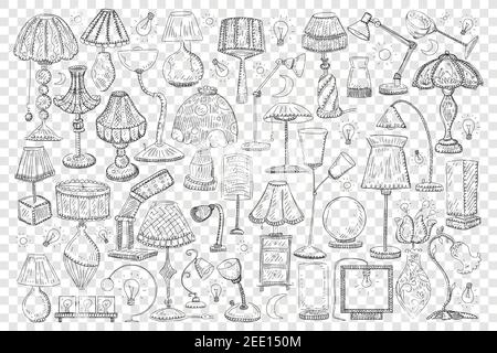 Lampen und Schirme Doodle Set. Sammlung von handgezeichneten eleganten Schattierungen und Lampen für die Dekoration von verschiedenen Größen und Formen isoliert auf transparentem Hintergrund Stock Vektor