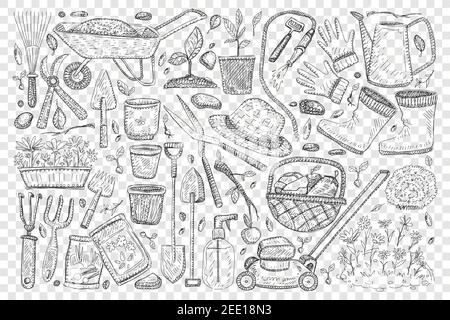 Bauern Werkzeuge für die Gartenarbeit Doodle Set. Sammlung von Hand gezeichneten Schaufel Korb Hüte und Stiefel Schere Bewässerung kann Rechen für die Pflege von Pflanzen im Garten isoliert auf transparentem Hintergrund Stock Vektor