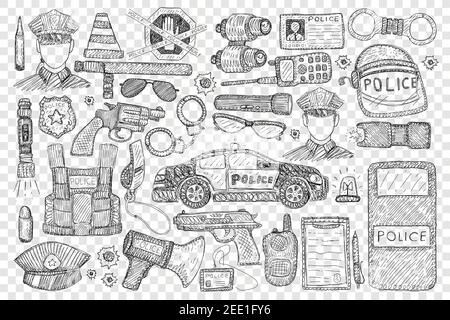 Polizei-Werkzeuge und einheitliche Doodle-Set. Sammlung von Hand gezeichnet Polizeibüro, Auto Pistole Lautsprecher Uniform Hut Radio Handschellen Lautsprecher Laterne Fernglas kugelsichere Weste isoliert auf transparentem Hintergrund Stock Vektor