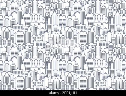 Stadtbild Nahtloses Muster. Dünne Linie Stadt Hintergrund. Innenstadtlandschaft mit hohen Wolkenkratzern. Panorama Architektur Stadtbild Tapete. Stock Vektor