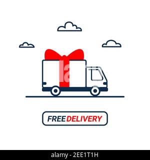 Symbol für die kostenlose Lieferlinie. Dünne Linie gestylte Lieferwagen mit Bogen isoliert auf weißem Hintergrund. Lieferservice Versand mit Auto oder LKW. Stock Vektor