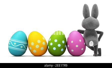 Niedlichen osterhase mit farbigen Eiern mit Ornamenten verziert, hinten, Ansicht, isoliert auf weißem Hintergrund 3D Rendering Stockfoto